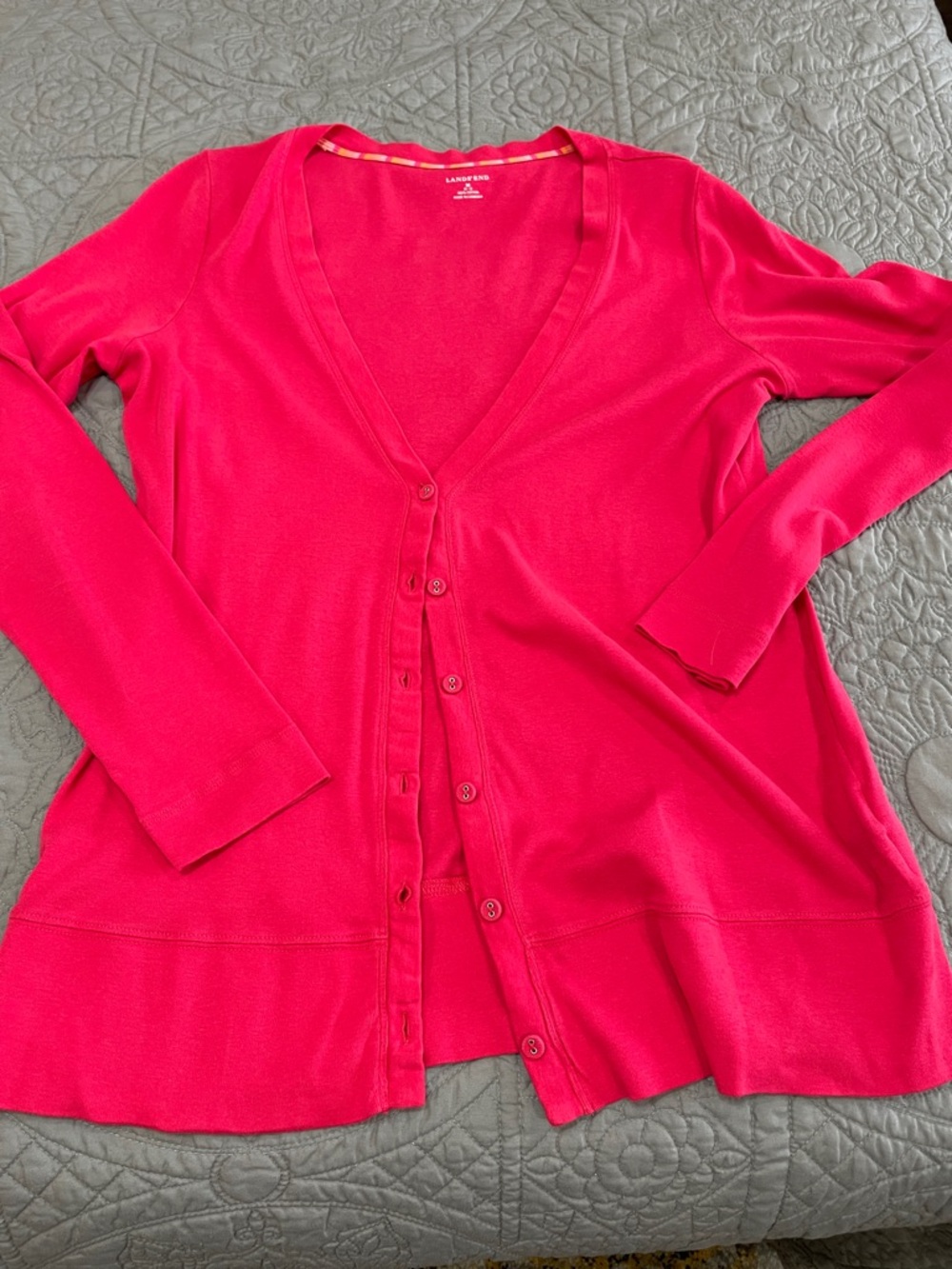Lands' End Women's Bright Pink V-Neck Button Cardigan M